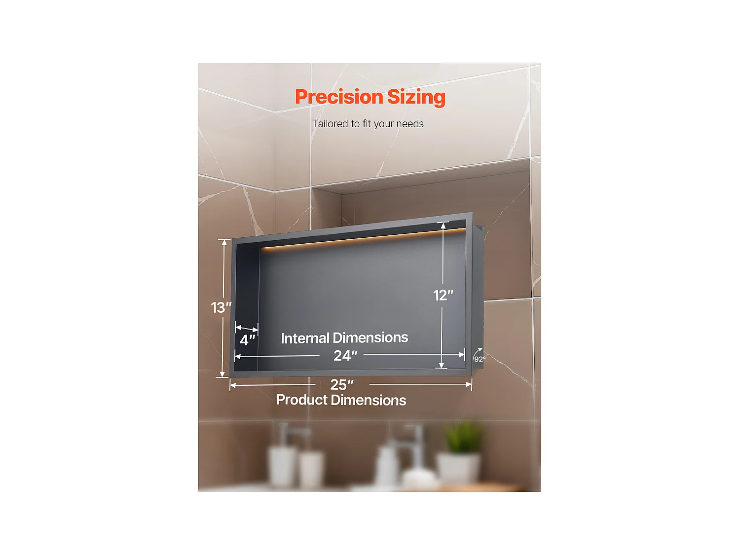Dusch niche SucceBuy, 33 x 63,5 x 10,2 cm, Eingebettete Wandnische mit LED-Leiste, Robuster Organizer aus Edelstahl, Shampoo-Aufbewahrung, Wasserdicht