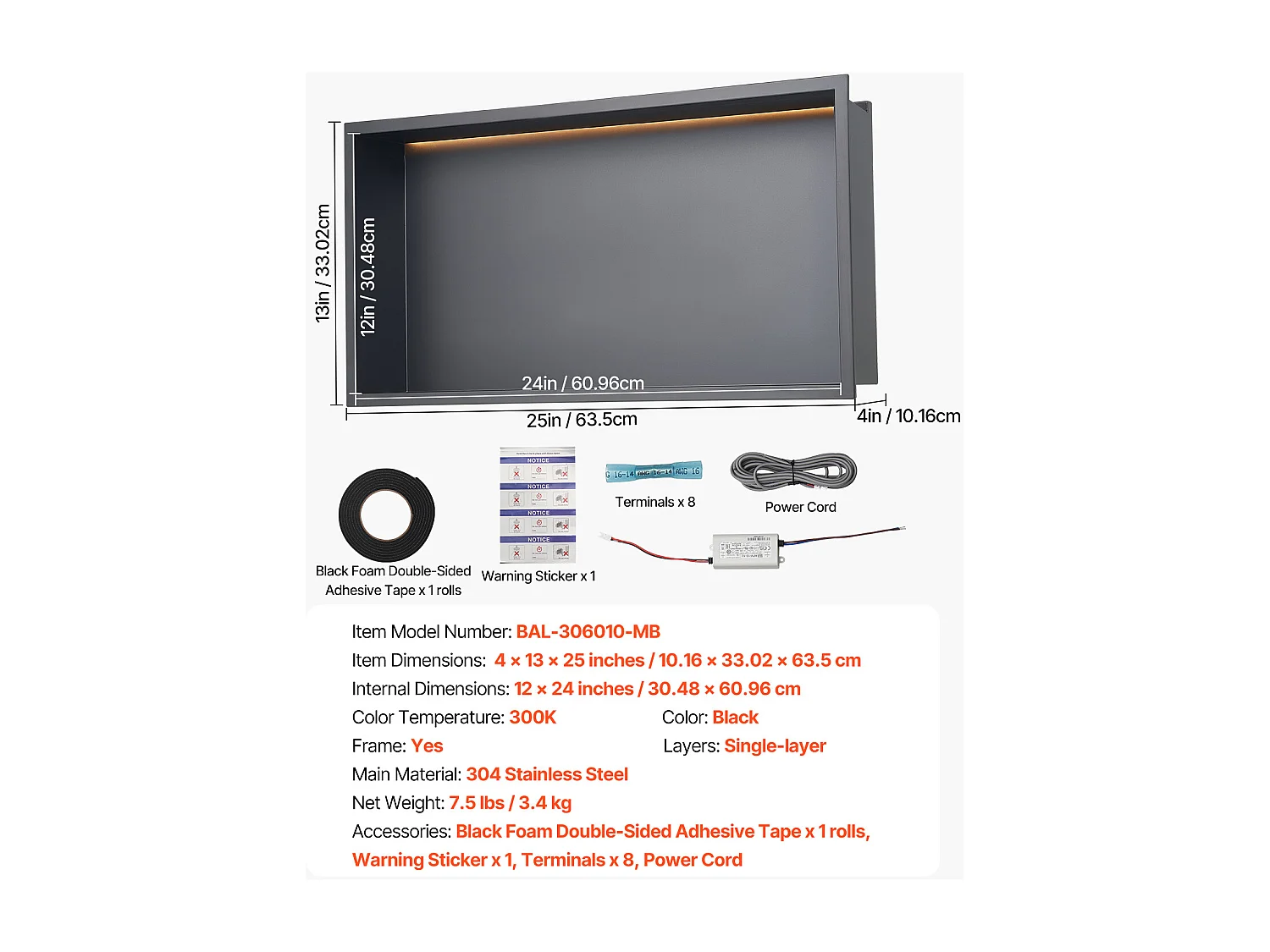 Niche de Douche SucceBuy, 33 x 63,5 x 10,2 cm, Niche Murale Encastrée avec Bande LED, Organisateur en Acier Inoxydable Robuste, Rangement Shampoing, Étanche