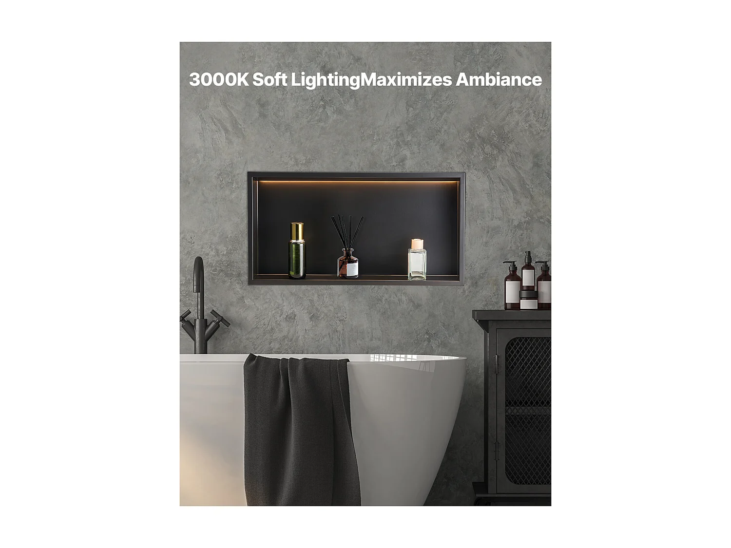 Niche de Douche SucceBuy, 33 x 63,5 x 10,2 cm, Niche Murale Encastrée avec Bande LED, Organisateur en Acier Inoxydable Robuste, Rangement Shampoing, Étanche