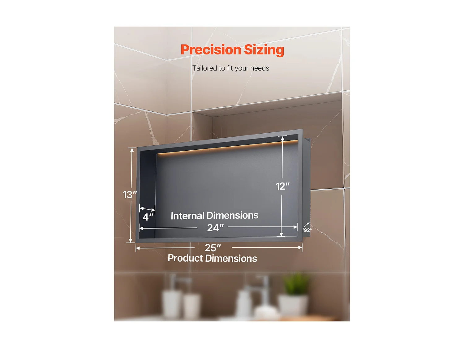 Niche de Douche SucceBuy, 33 x 63,5 x 10,2 cm, Niche Murale Encastrée avec Bande LED, Organisateur en Acier Inoxydable Robuste, Rangement Shampoing, Étanche