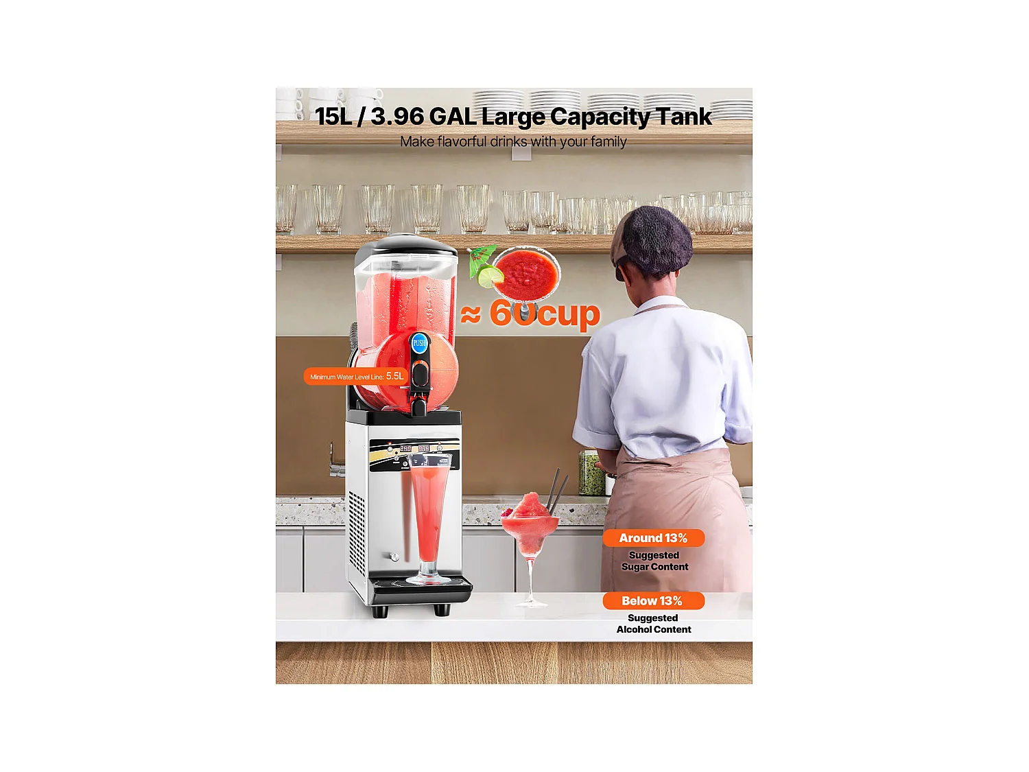 Machine à Granité SucceBuy, Réservoir Unique de 15 L, Acier Inoxydable, Distributeur de Boissons Glacées, pour Maison, Restaurants, Cafés, Bars