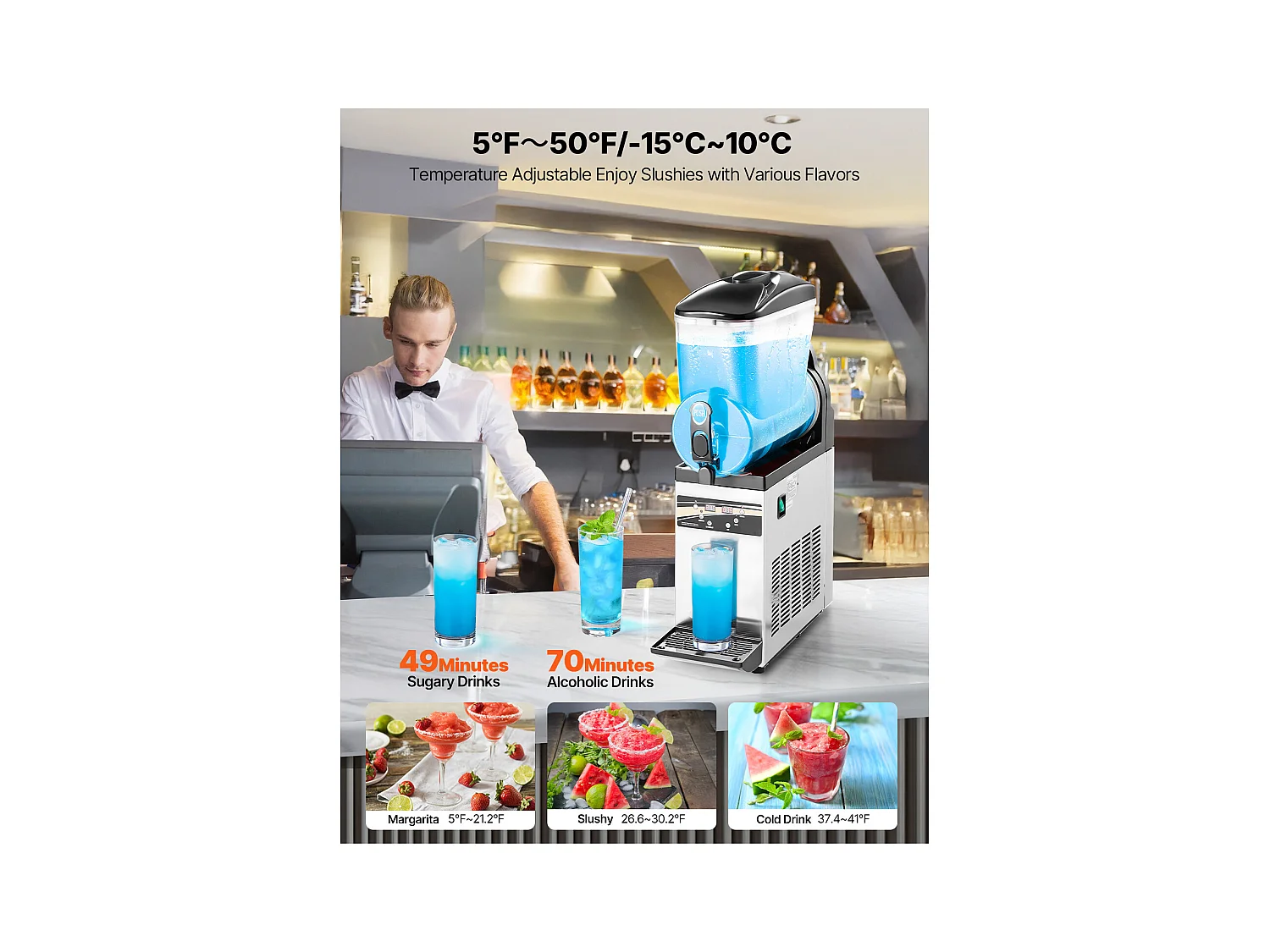 Machine à Granité SucceBuy, Réservoir Unique de 15 L, Acier Inoxydable, Distributeur de Boissons Glacées, pour Maison, Restaurants, Cafés, Bars