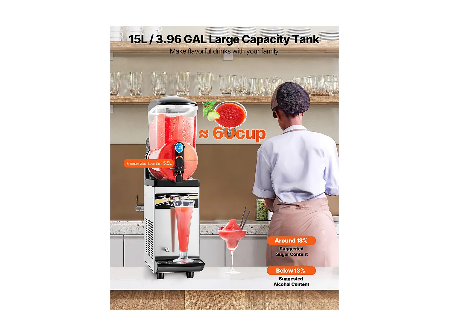 Machine à Granité SucceBuy, Réservoir Unique de 15 L, Acier Inoxydable, Distributeur de Boissons Glacées, pour Maison, Restaurants, Cafés, Bars