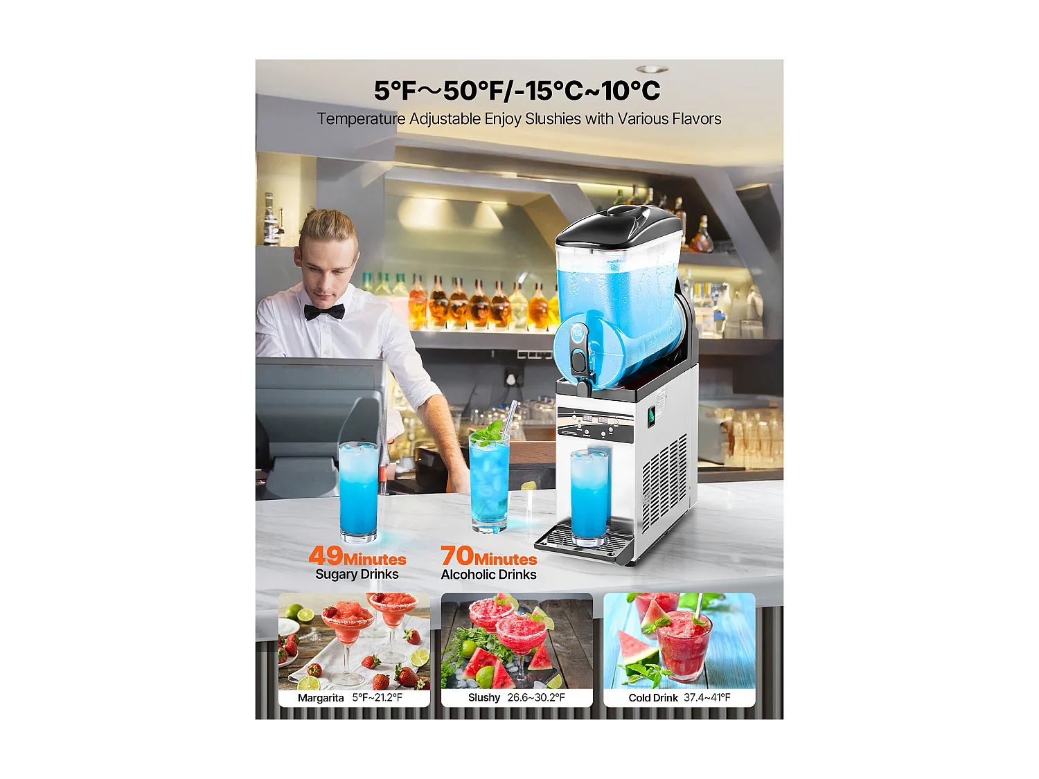 Machine à Granité SucceBuy, Réservoir Unique de 15 L, Acier Inoxydable, Distributeur de Boissons Glacées, pour Maison, Restaurants, Cafés, Bars