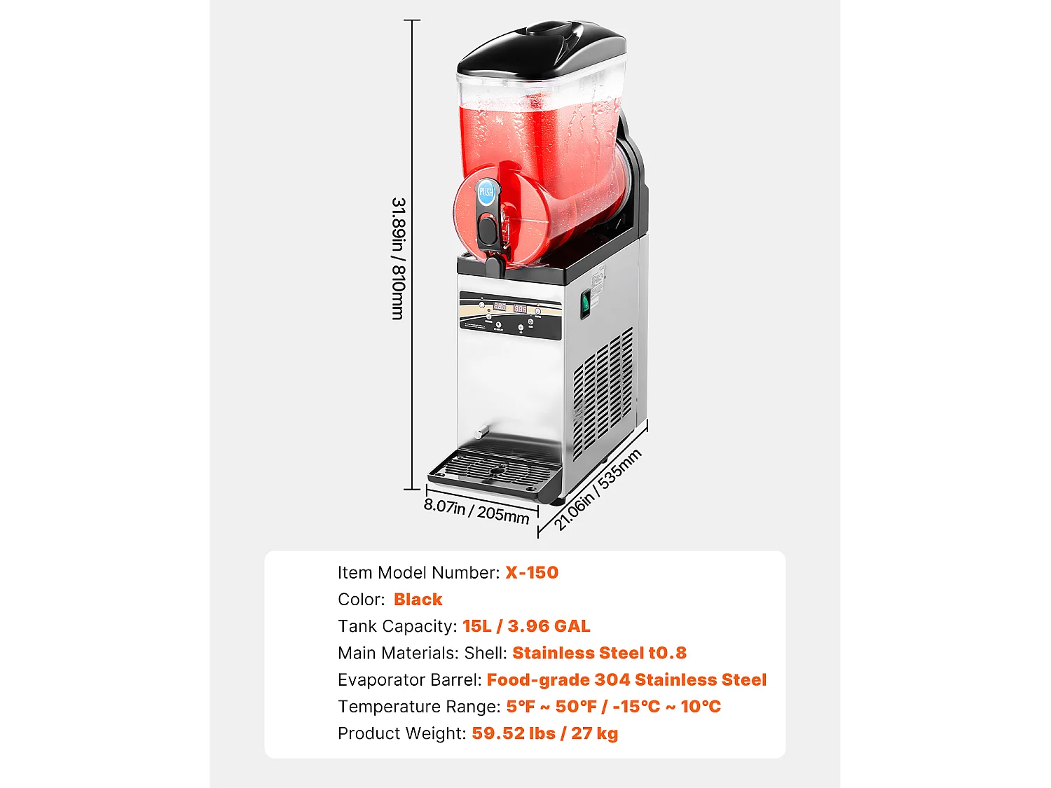 Machine à Granité SucceBuy, Réservoir Unique de 15 L, Acier Inoxydable, Distributeur de Boissons Glacées, pour Maison, Restaurants, Cafés, Bars