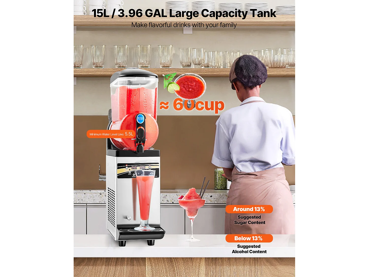 Machine à Granité SucceBuy, Réservoir Unique de 15 L, Acier Inoxydable, Distributeur de Boissons Glacées, pour Maison, Restaurants, Cafés, Bars