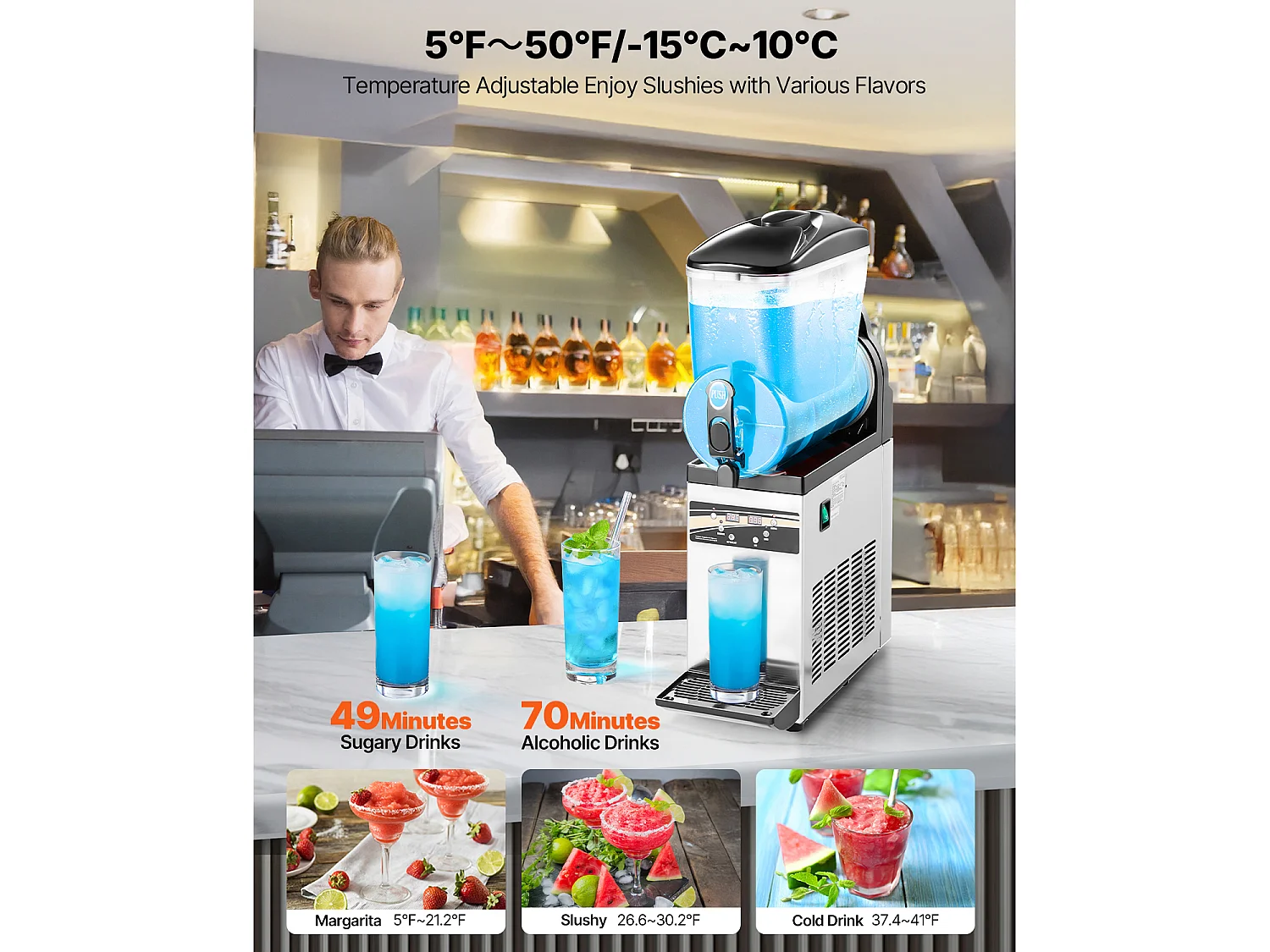 Machine à Granité SucceBuy, Réservoir Unique de 15 L, Acier Inoxydable, Distributeur de Boissons Glacées, pour Maison, Restaurants, Cafés, Bars