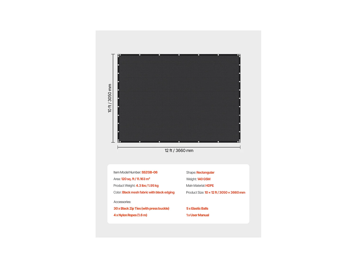 Kurtyna Cieniująca 90% SucceBuy, 305 x 366 cm, Sieć Cieniująca PEHD 140 g/m², Oczka z Stali Nierdzewnej, Ochrona Słoneczna/Przeciwwietrzna, Zewnętrzna, Czarny