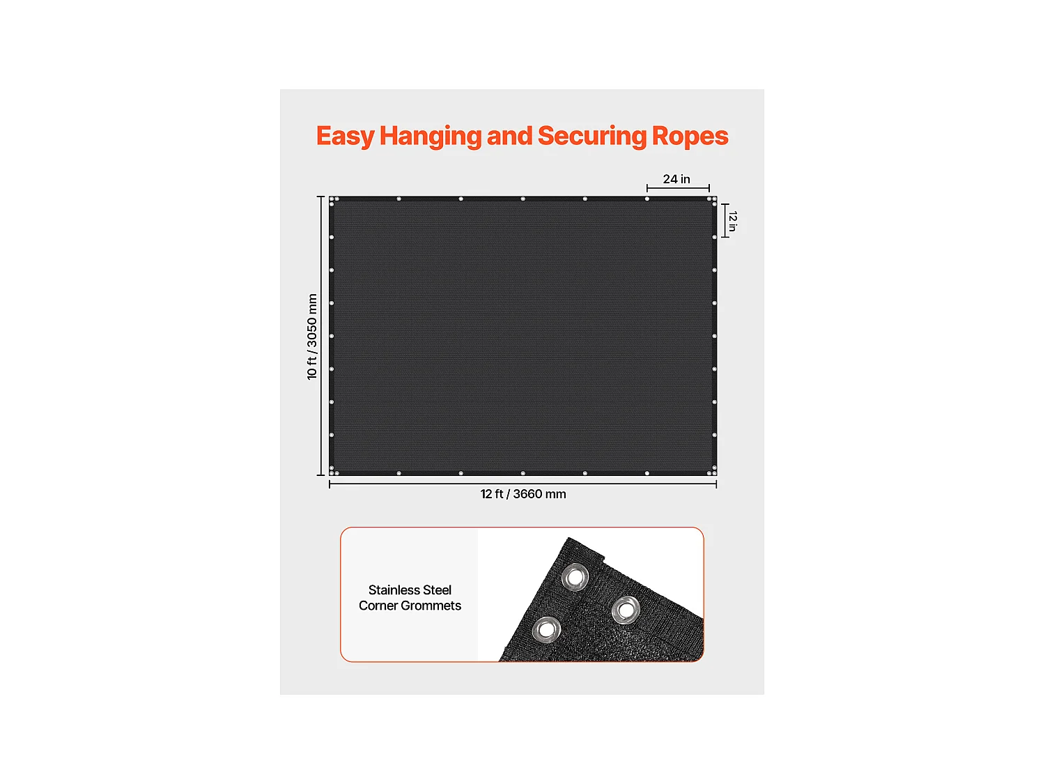 Kurtyna Cieniująca 90% SucceBuy, 305 x 366 cm, Sieć Cieniująca PEHD 140 g/m², Oczka z Stali Nierdzewnej, Ochrona Słoneczna/Przeciwwietrzna, Zewnętrzna, Czarny