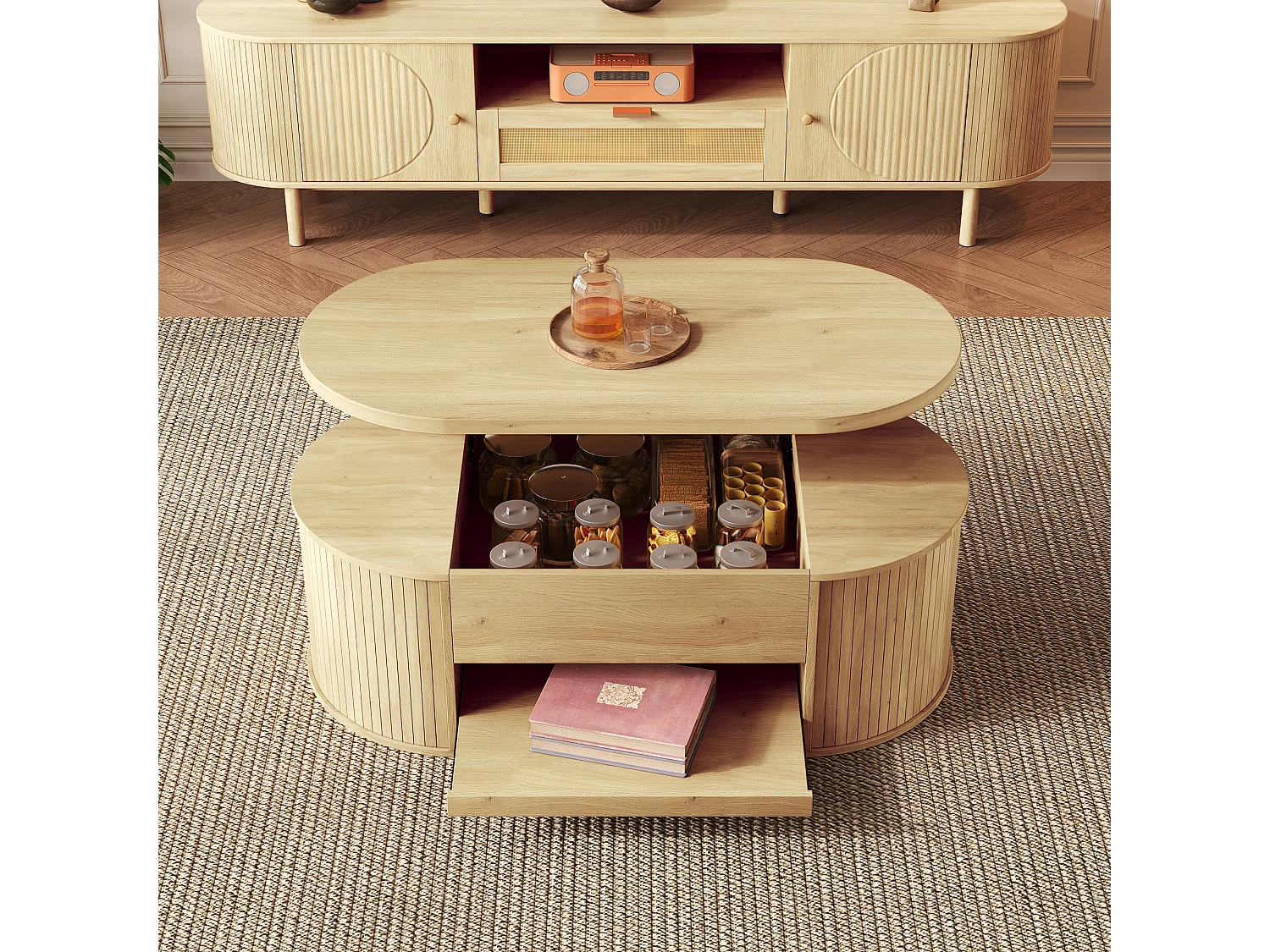 Mesa de centro elevable 110×55,5×40 cm - laterales curvados - con 1 cajón - MDF - natural