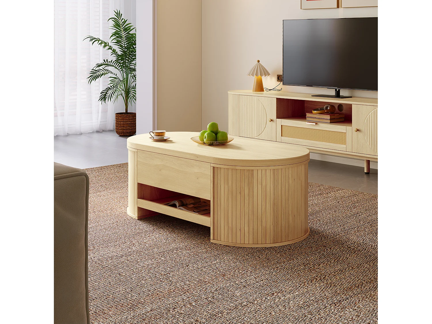 Mesa de centro elevable 110×55,5×40 cm - laterales curvados - con 1 cajón - MDF - natural