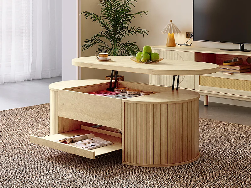 Mesa de centro elevable 110×55,5×40 cm - laterales curvados - con 1 cajón - MDF - natural