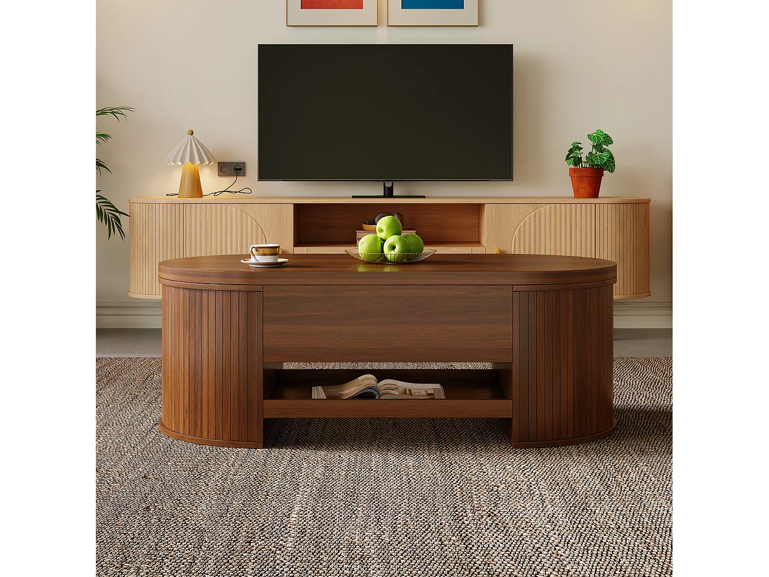 Table basse relevable 110x55.5x40 cm - côtés incurvés - 1 tiroir - MDF - Marron