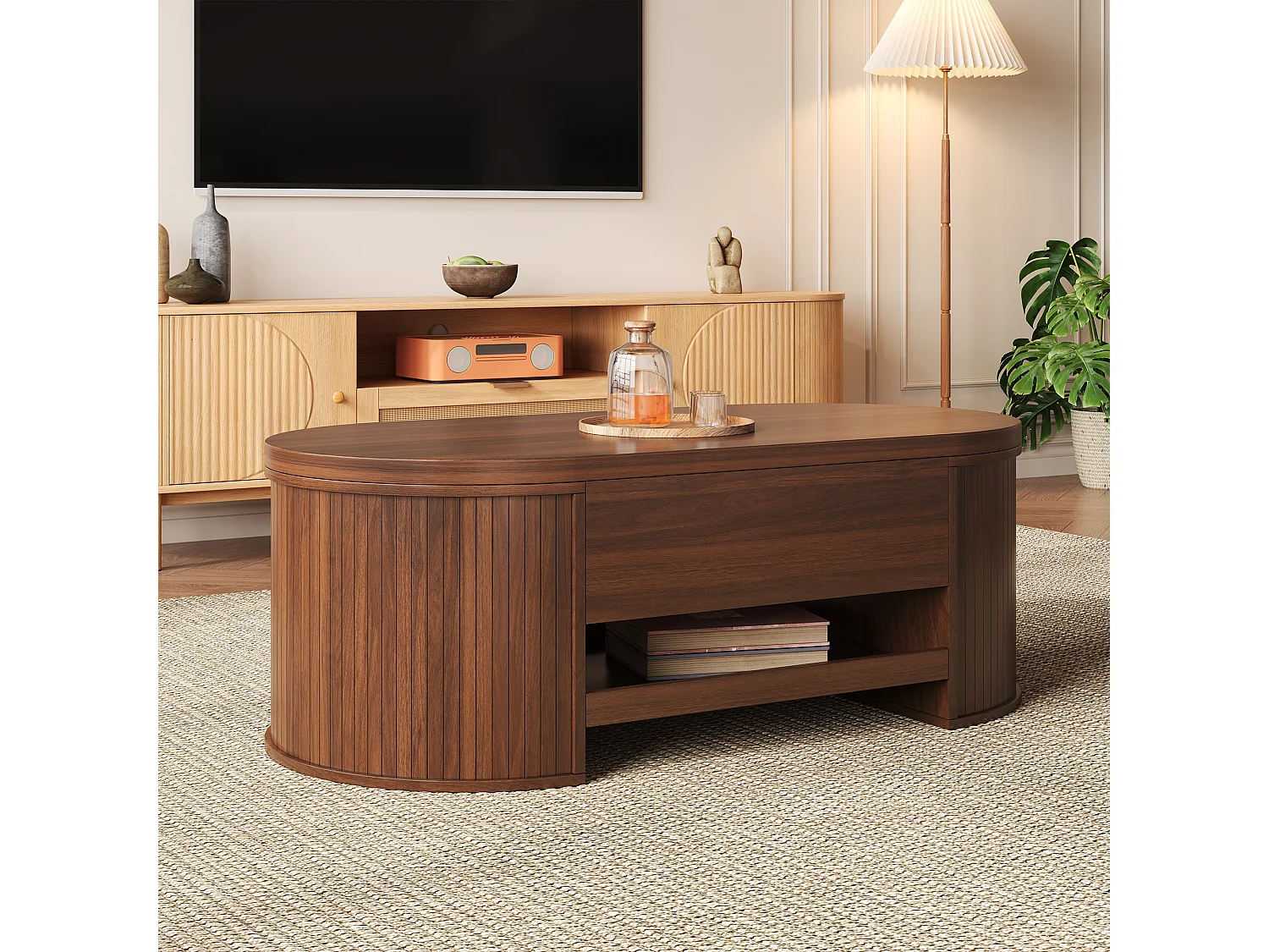 Table basse relevable 110x55.5x40 cm - côtés incurvés - 1 tiroir - MDF - Marron