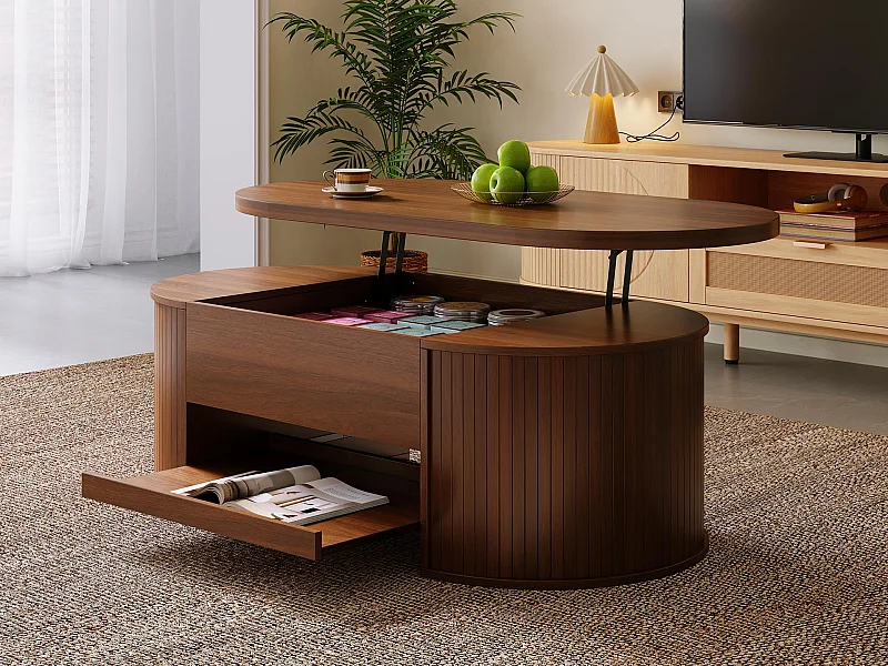 Höhenverstellbarer Couchtisch 110×55,5×40 cm - geschwungene Seiten - mit 1 Schublade - MDF - braun