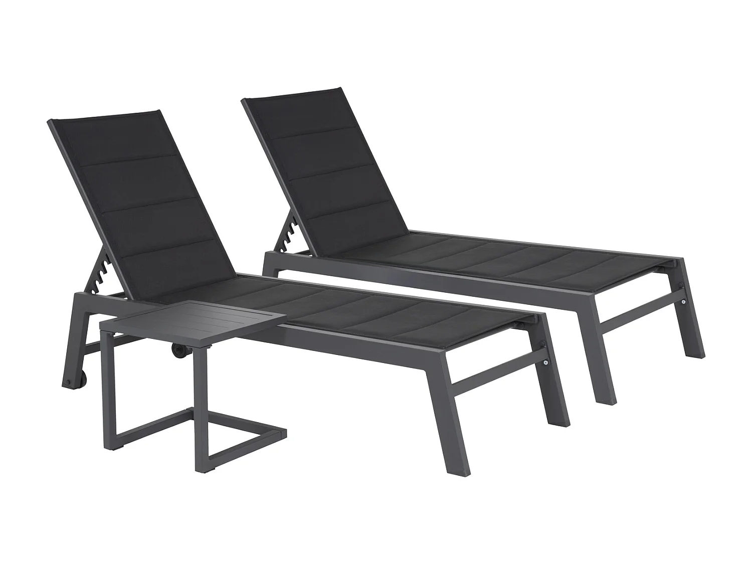 Set 2 bains de soleil et table d'appoint BARBADOS en textilène noir - aluminium gris anthracite - HAPPY GARDEN