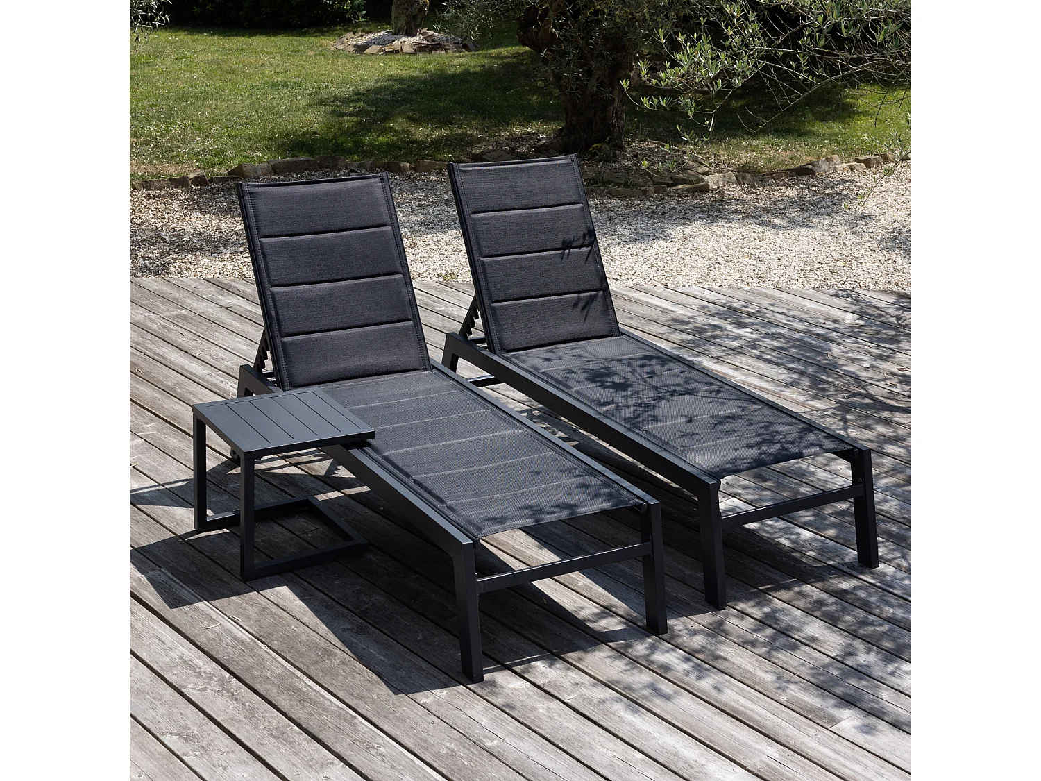 Set 2 bains de soleil et table d'appoint BARBADOS en textilène noir - aluminium gris anthracite - HAPPY GARDEN