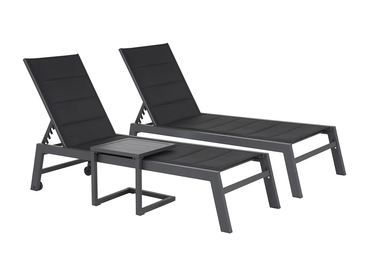 Set 2 bains de soleil et table d'appoint BARBADOS en textilène noir - aluminium gris anthracite - HAPPY GARDEN