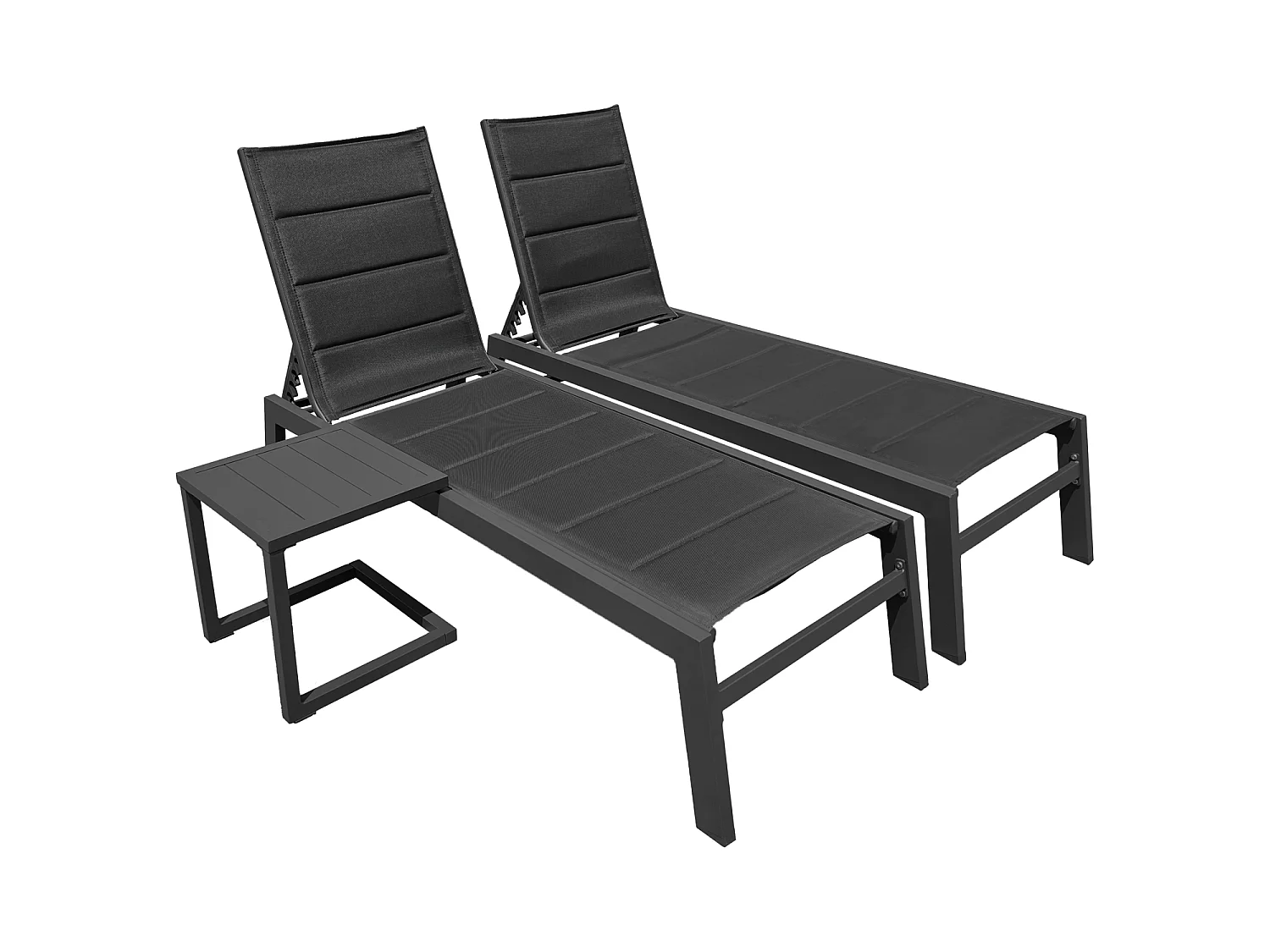 Set 2 bains de soleil aluminium gris anthracite, textilène noir + mini table, BARBADOS - HAPPY GARDEN