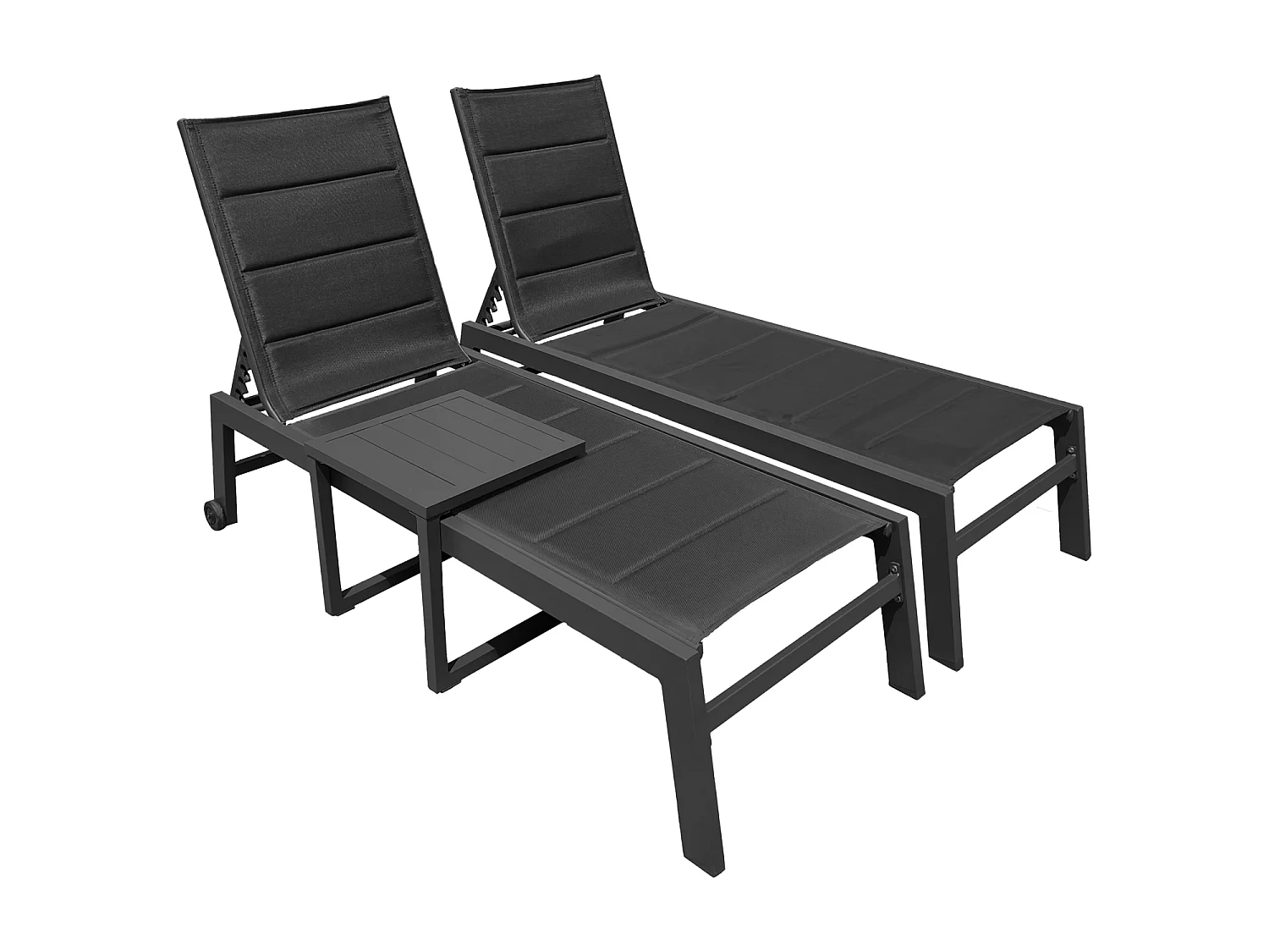 Set 2 bains de soleil aluminium gris anthracite, textilène noir + mini table, BARBADOS - HAPPY GARDEN