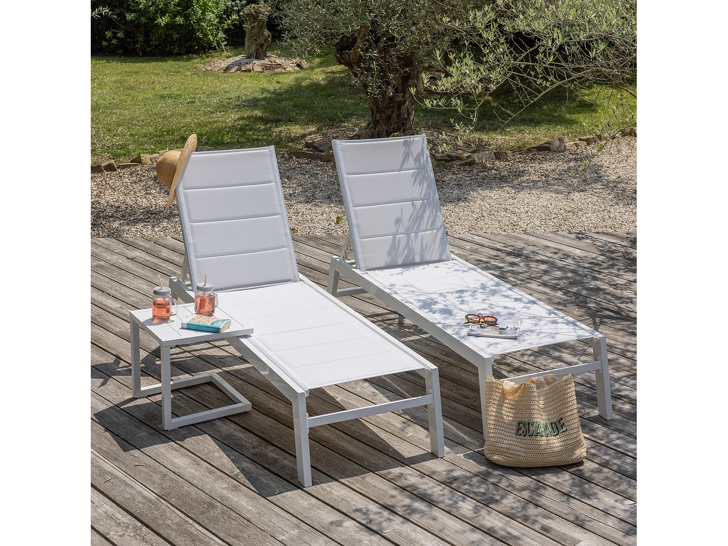 Set 2 bains de soleil et table d'appoint BARBADOS en textilène blanc - aluminium blanc - HAPPY GARDEN