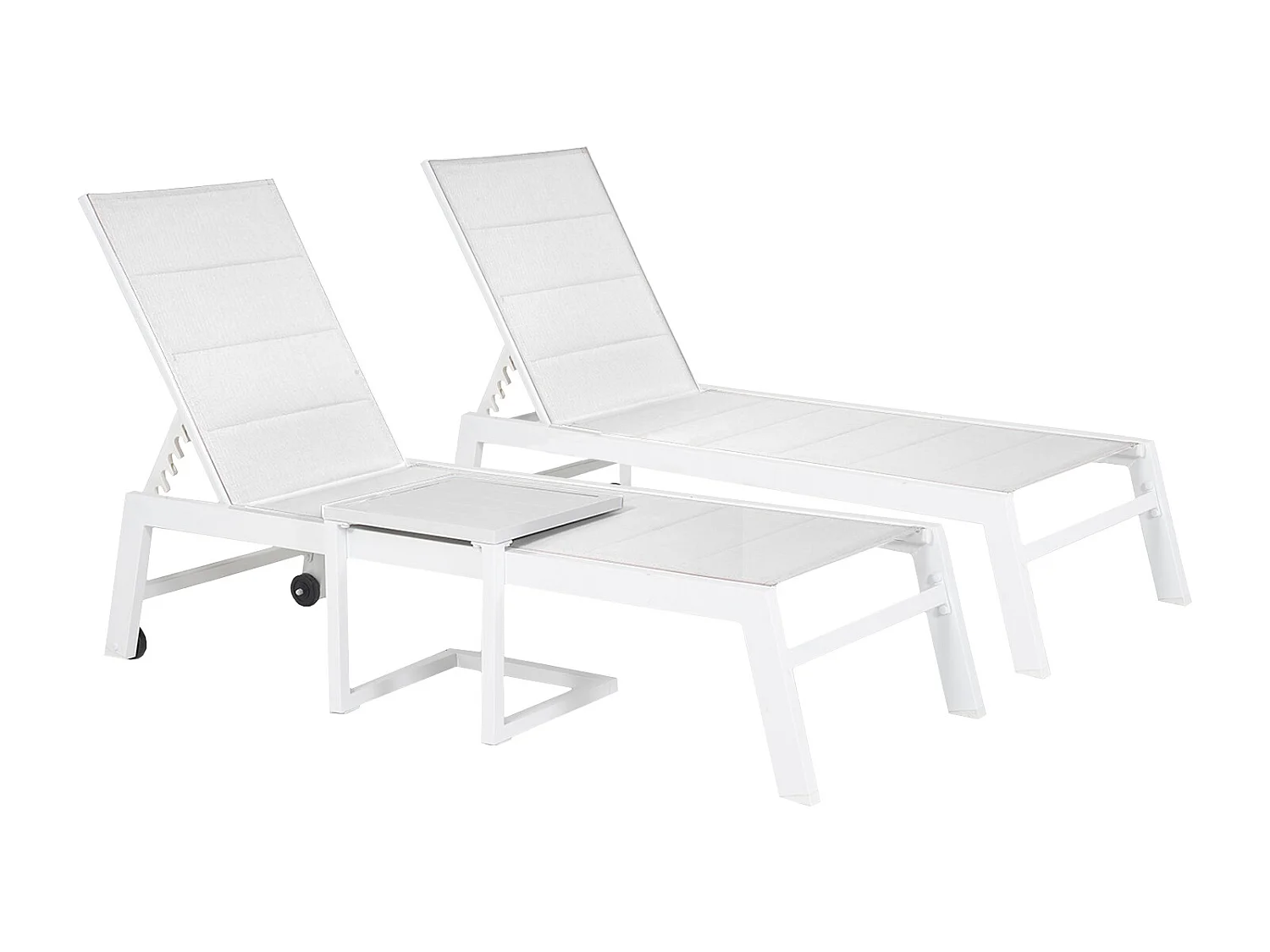 Set 2 bains de soleil et table d'appoint BARBADOS en textilène blanc - aluminium blanc - HAPPY GARDEN