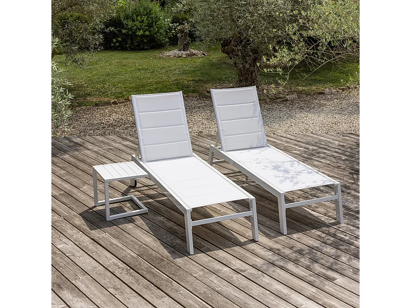 Set 2 bains de soleil et table d'appoint BARBADOS en textilène blanc - aluminium blanc - HAPPY GARDEN
