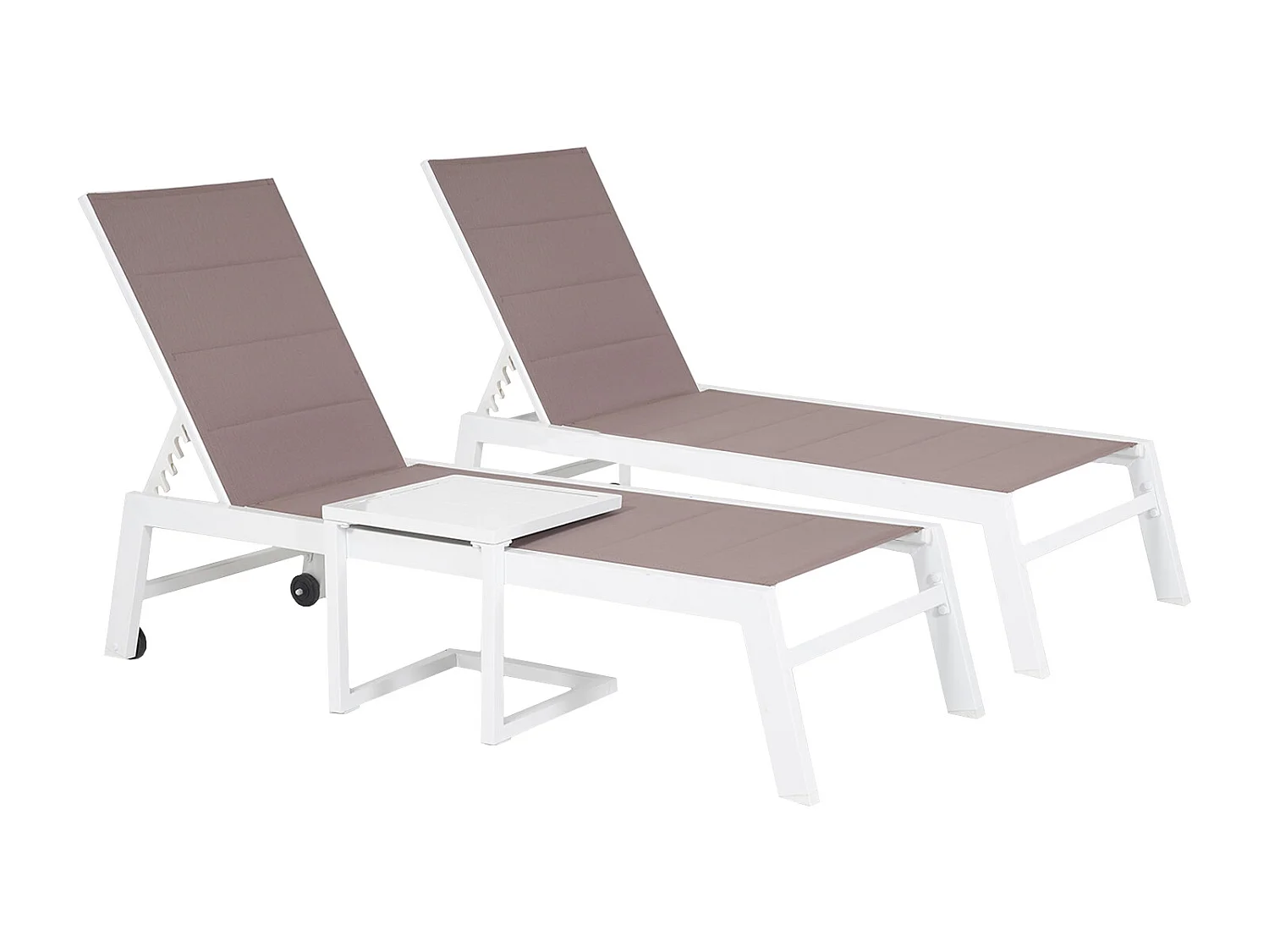 Set 2 bains de soleil et table d'appoint BARBADOS en textilène taupe - aluminium blanc - HAPPY GARDEN