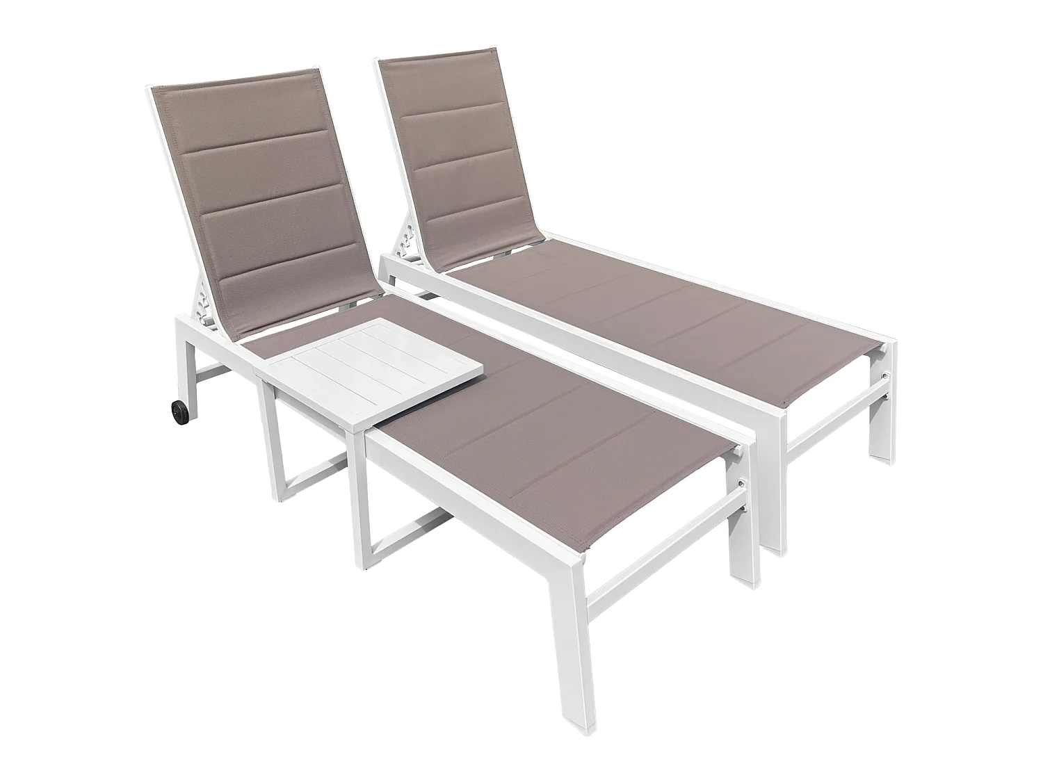 Set 2 bains de soleil et table d'appoint BARBADOS en textilène taupe - aluminium blanc - HAPPY GARDEN