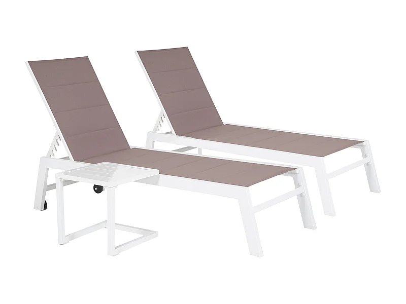 Set 2 bains de soleil et table d'appoint BARBADOS en textilène taupe - aluminium blanc - HAPPY GARDEN
