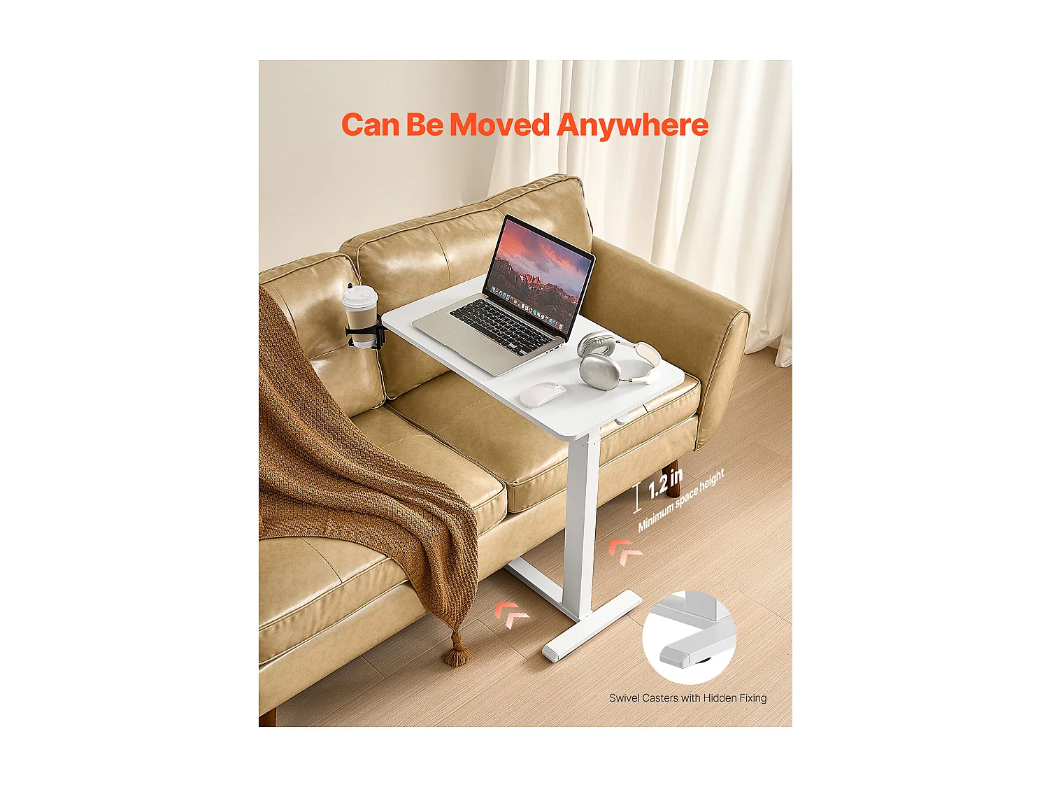 Table de Lit Mobile SucceBuy, 4 Roulettes Dissimulées, Plateau Rabattable, Hauteur Réglable, Porte-Gobelet, pour Maison et Bureau, Bois et Blanc