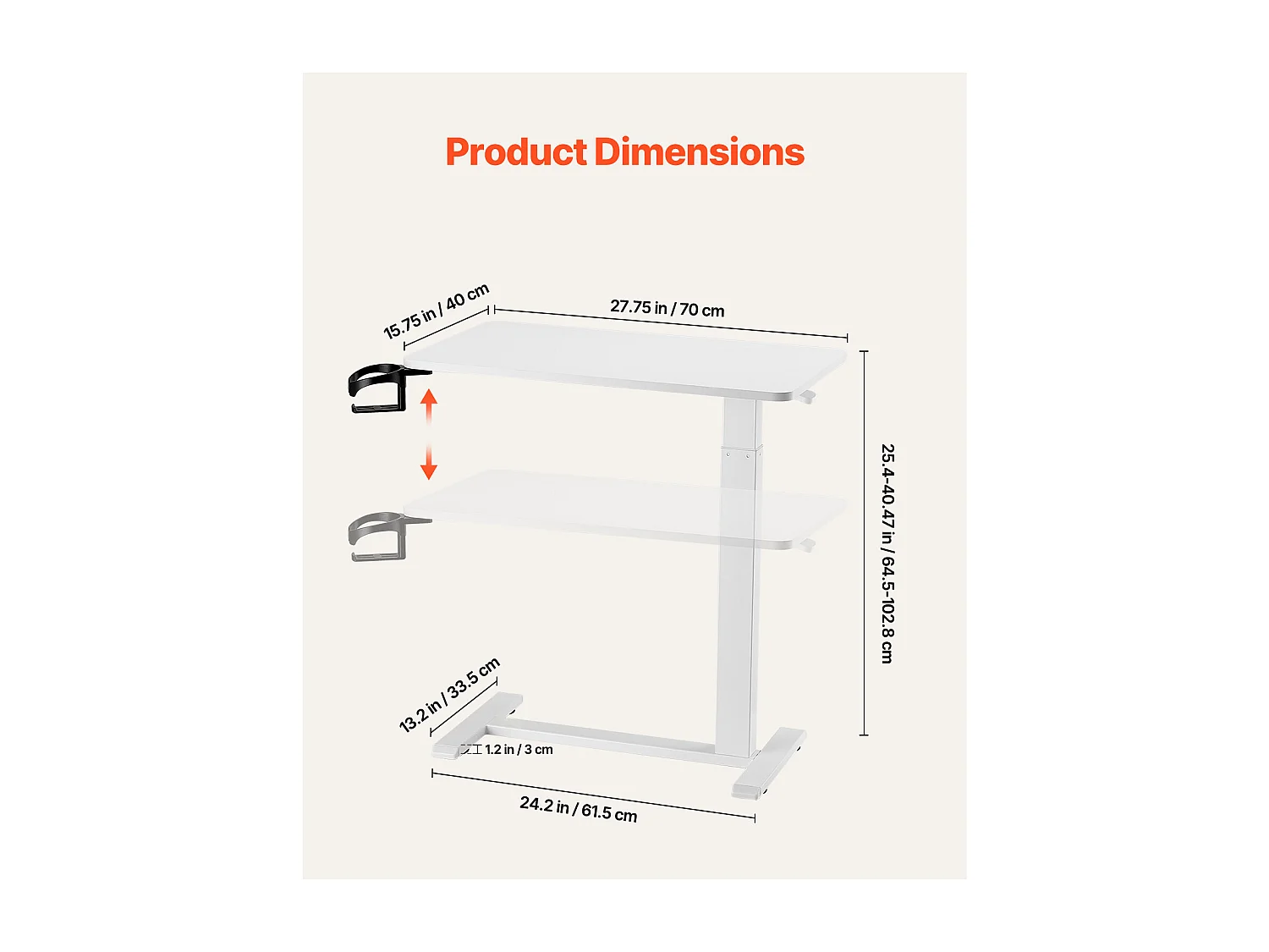 Table de Lit Mobile SucceBuy, 4 Roulettes Dissimulées, Plateau Rabattable, Hauteur Réglable, Porte-Gobelet, pour Maison et Bureau, Bois et Blanc