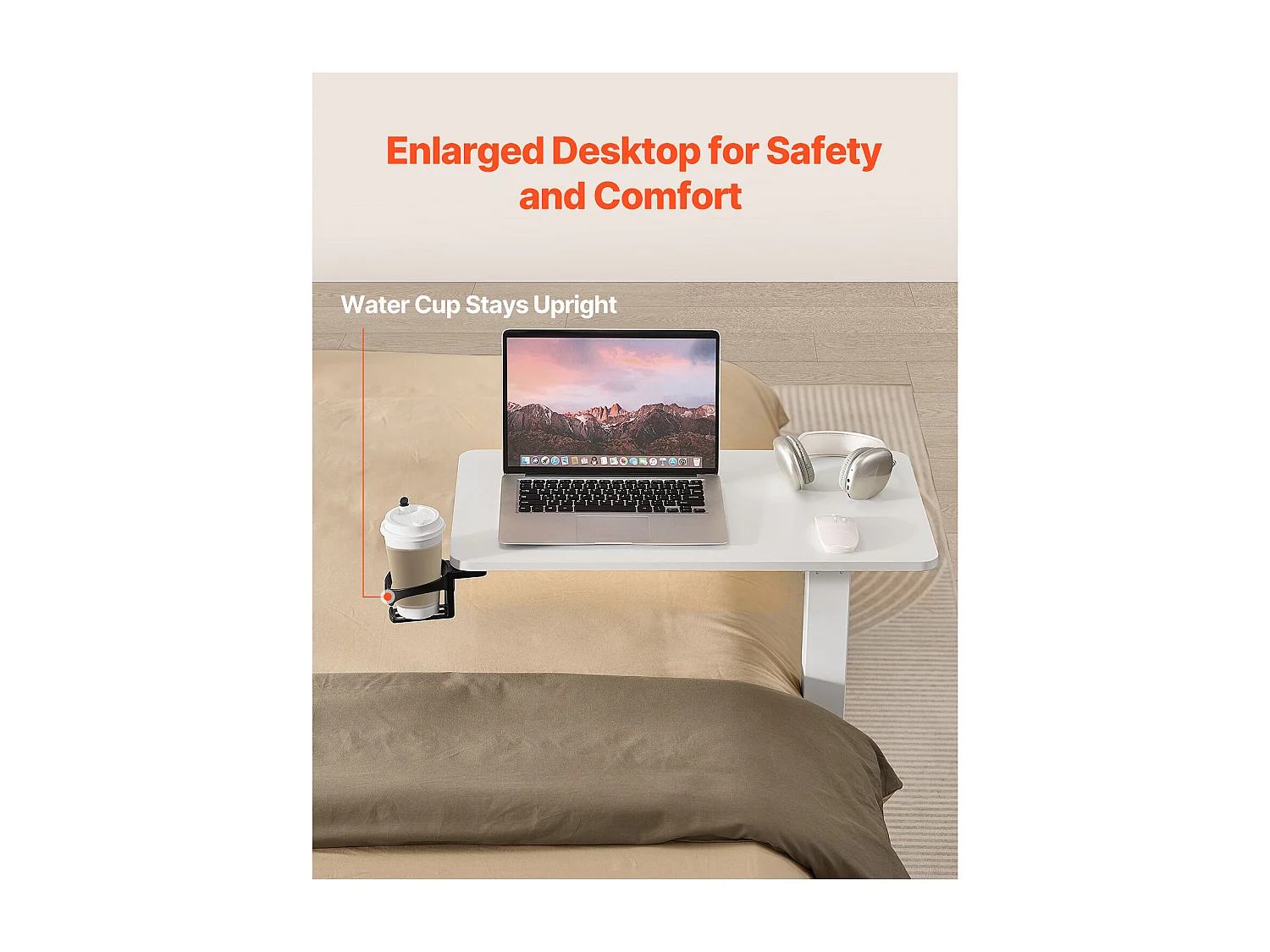 Table de Lit Mobile SucceBuy, 4 Roulettes Dissimulées, Plateau Rabattable, Hauteur Réglable, Porte-Gobelet, pour Maison et Bureau, Bois et Blanc