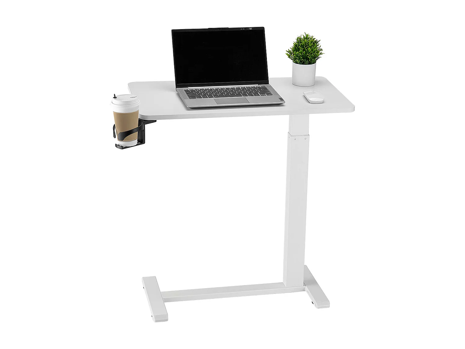Table de Lit Mobile SucceBuy, 4 Roulettes Dissimulées, Plateau Rabattable, Hauteur Réglable, Porte-Gobelet, pour Maison et Bureau, Bois et Blanc