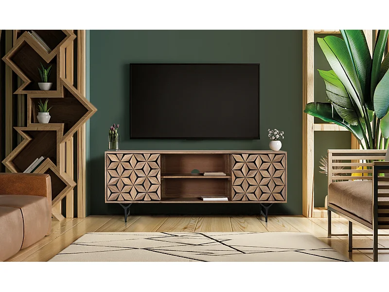 Szafka pod TV z 2 drzwiami i 2 półkami z drewna mango