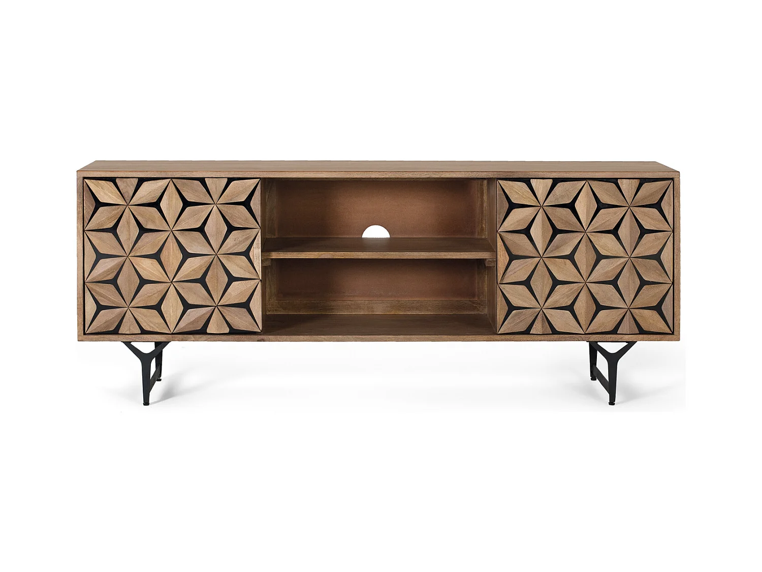 Meuble TV avec 2 portes et 2 étagères en bois de manguier