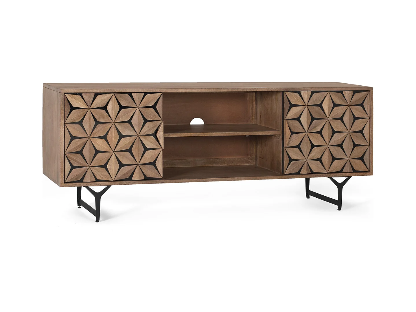 Meuble TV avec 2 portes et 2 étagères en bois de manguier