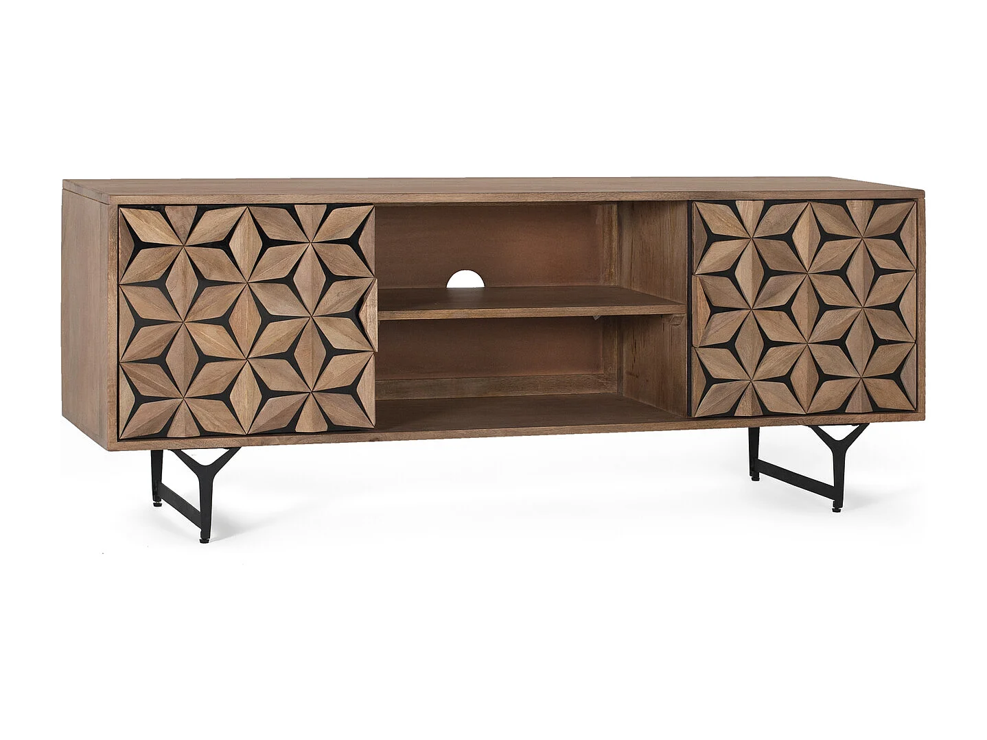 Meuble TV avec 2 portes et 2 étagères en bois de manguier