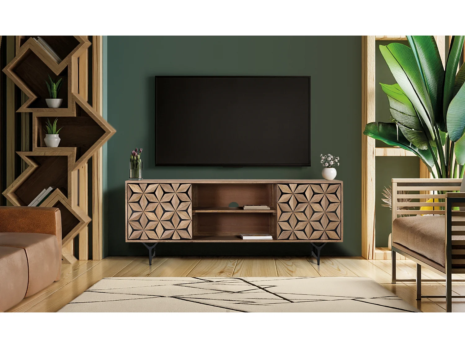 Meuble TV avec 2 portes et 2 étagères en bois de manguier