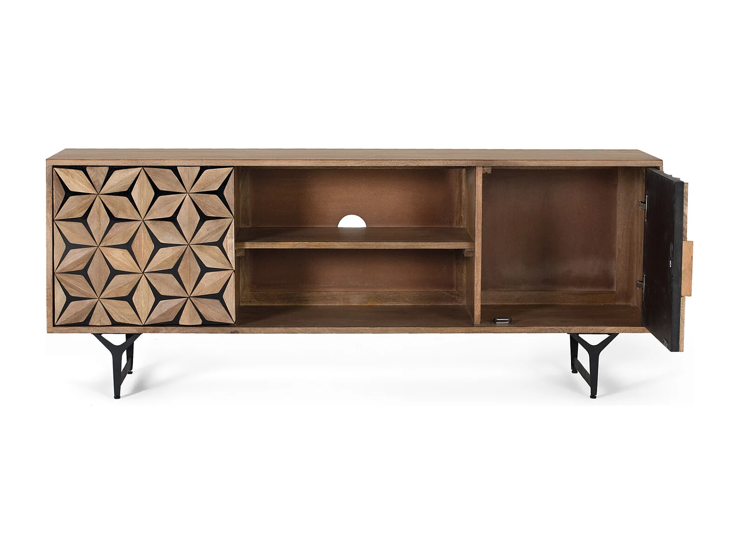 Meuble TV avec 2 portes et 2 étagères en bois de manguier