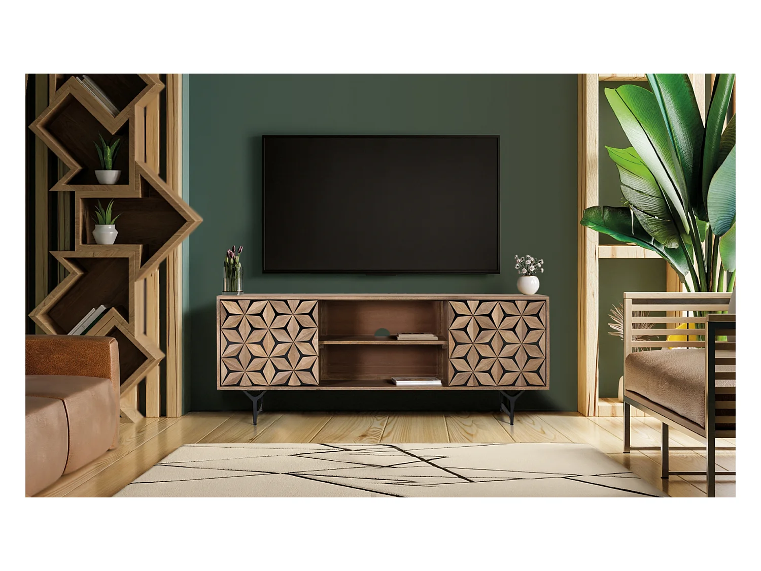 TV-Schrank mit 2 Türen und 2 Regalen aus Mangoholz