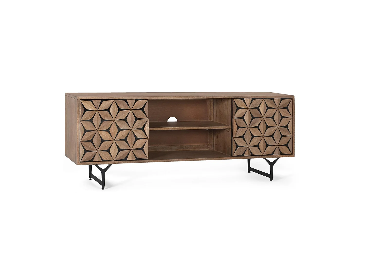 Suporte para TV em madeira de mangueira, 147 cm, estilo geométrico contemporâneo - 57 x 147 x 38