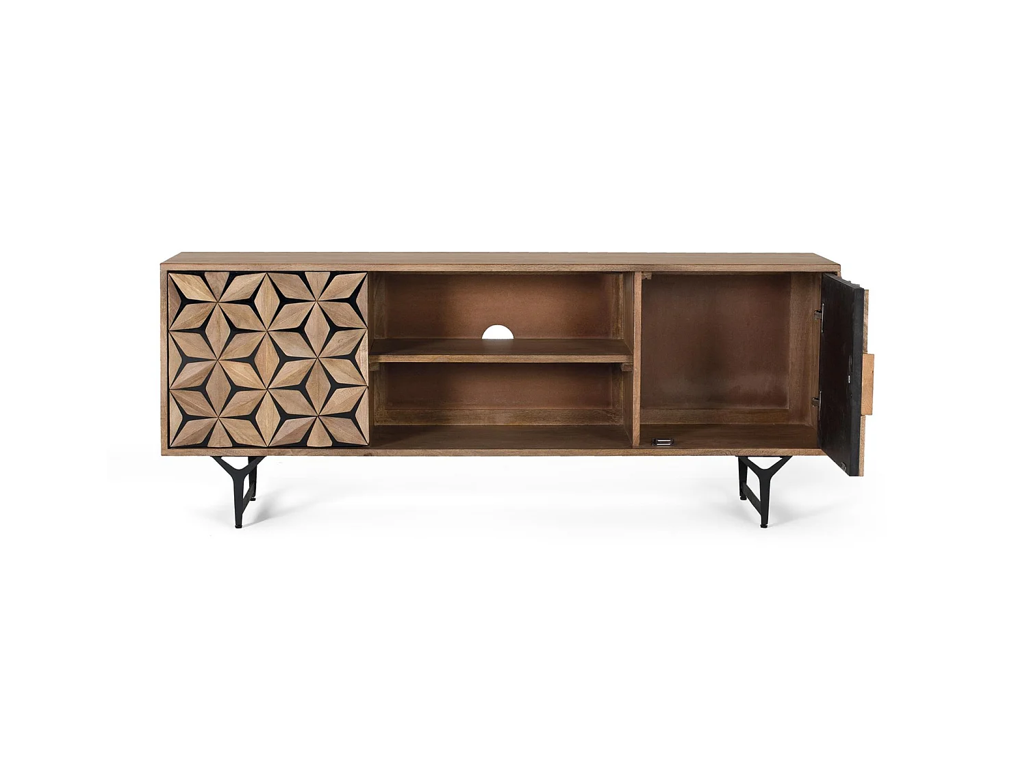 Suporte para TV em madeira de mangueira, 147 cm, estilo geométrico contemporâneo - 57 x 147 x 38