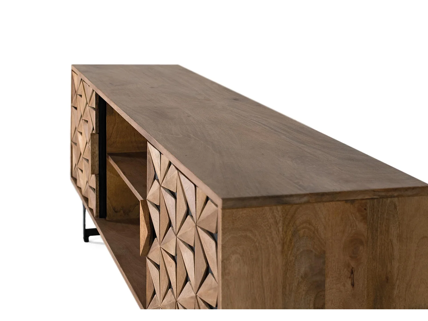 Suporte para TV em madeira de mangueira, 147 cm, estilo geométrico contemporâneo - 57 x 147 x 38