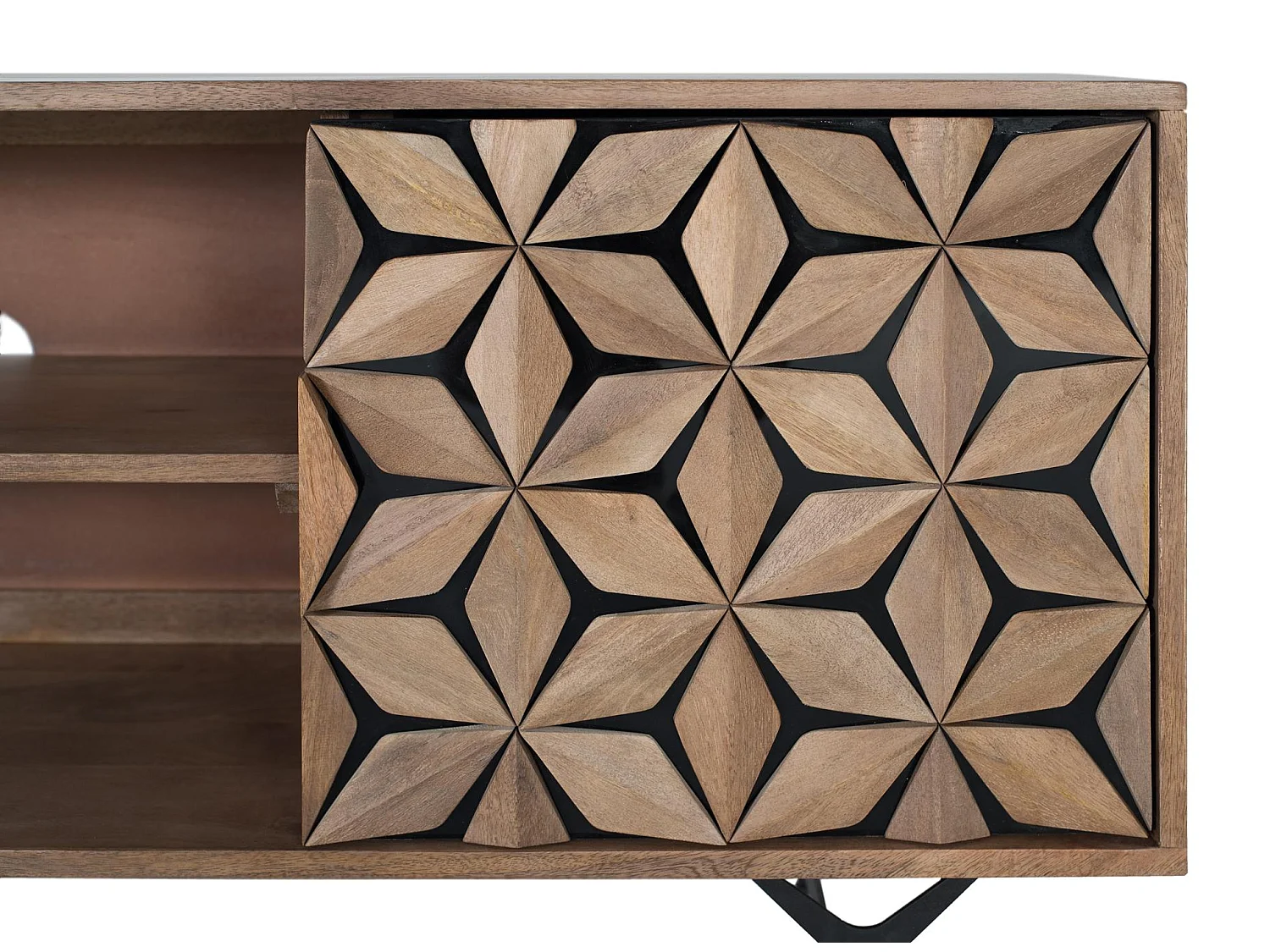 Suporte para TV em madeira de mangueira, 147 cm, estilo geométrico contemporâneo - 57 x 147 x 38
