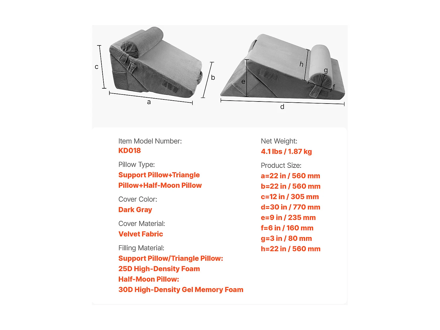 Set aus 3 Verstellbaren Bettkissen SucceBuy, Orthopädische Schaumstütze, Waschbare Hülle, Postoperatives Kissen, Dunkelgrau