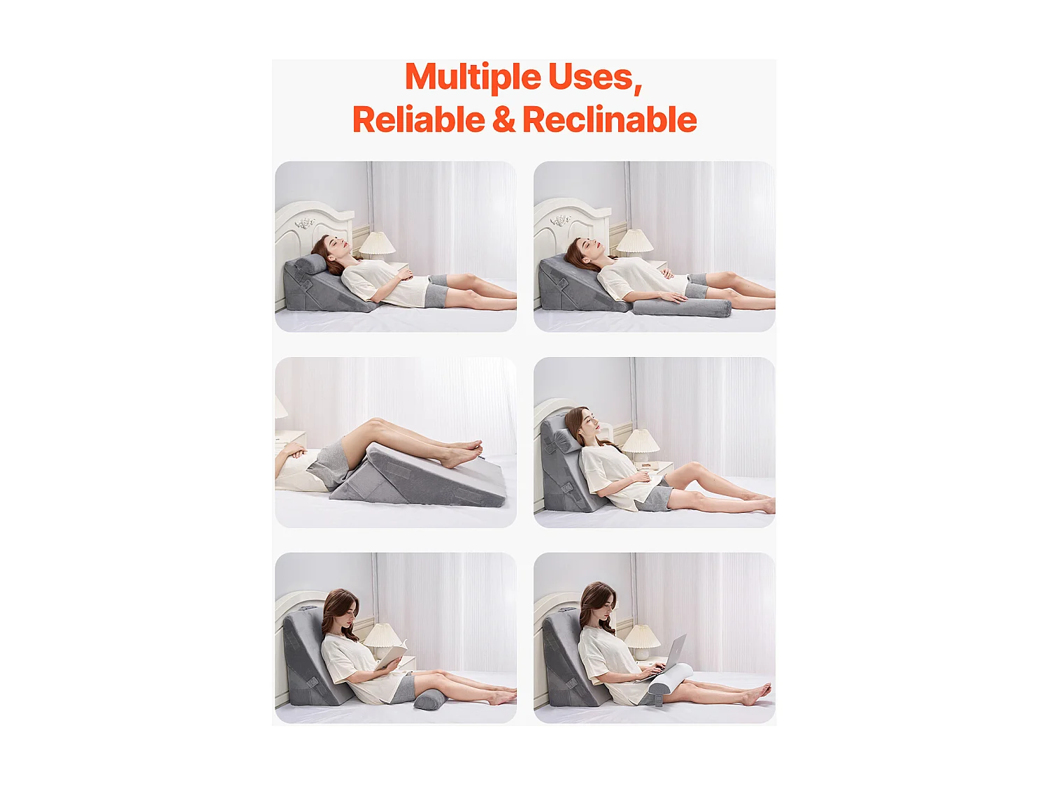 Set aus 3 Verstellbaren Bettkissen SucceBuy, Orthopädische Schaumstütze, Waschbare Hülle, Postoperatives Kissen, Dunkelgrau