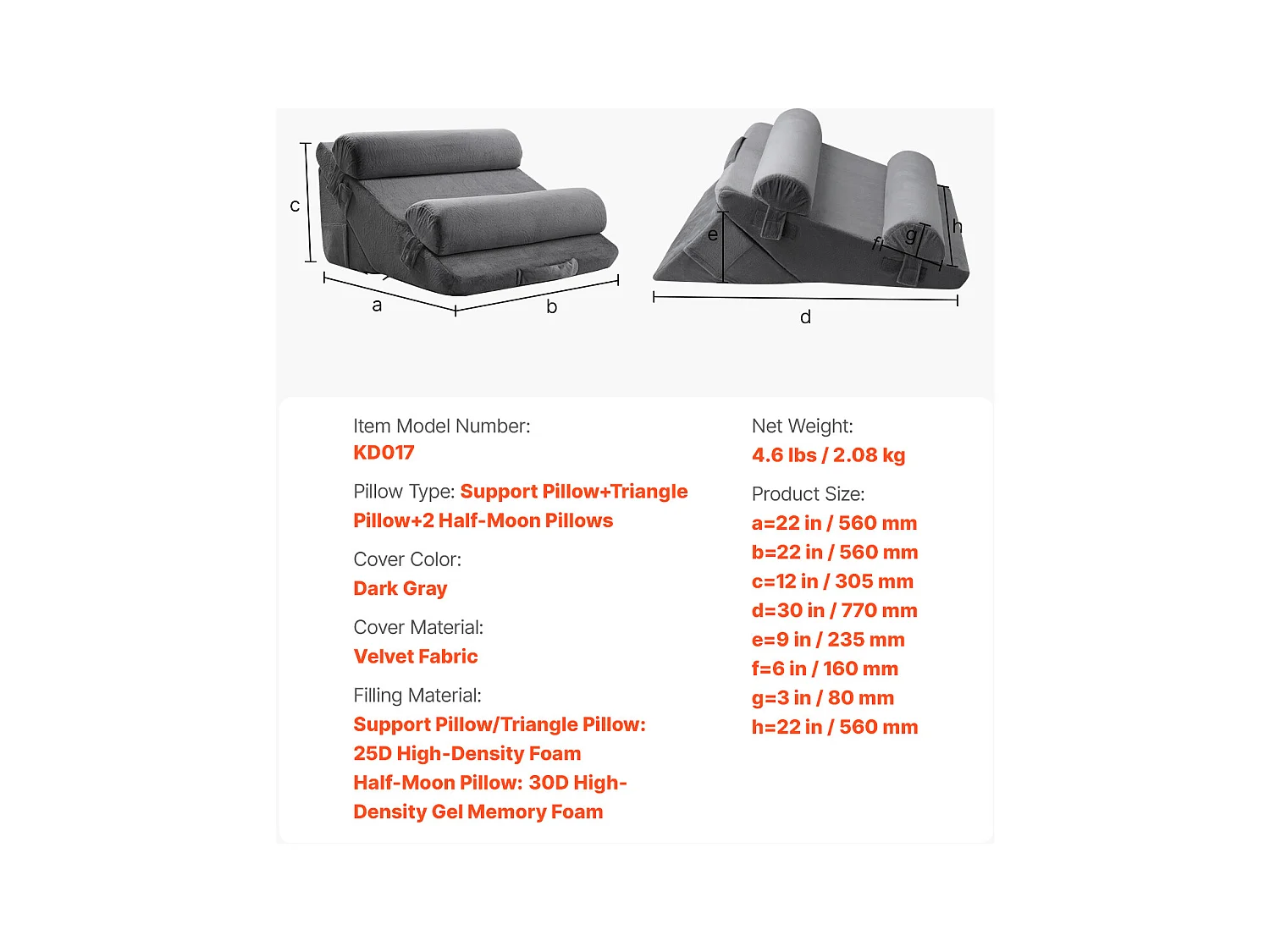 Coussin Incliné Lit SucceBuy, Oreiller Triangulaire Orthopédique Réglable, Mousse Rembourrée, Housse Lavable, Soutien Dos, Soulagement Reflux Acide, Gris Foncé