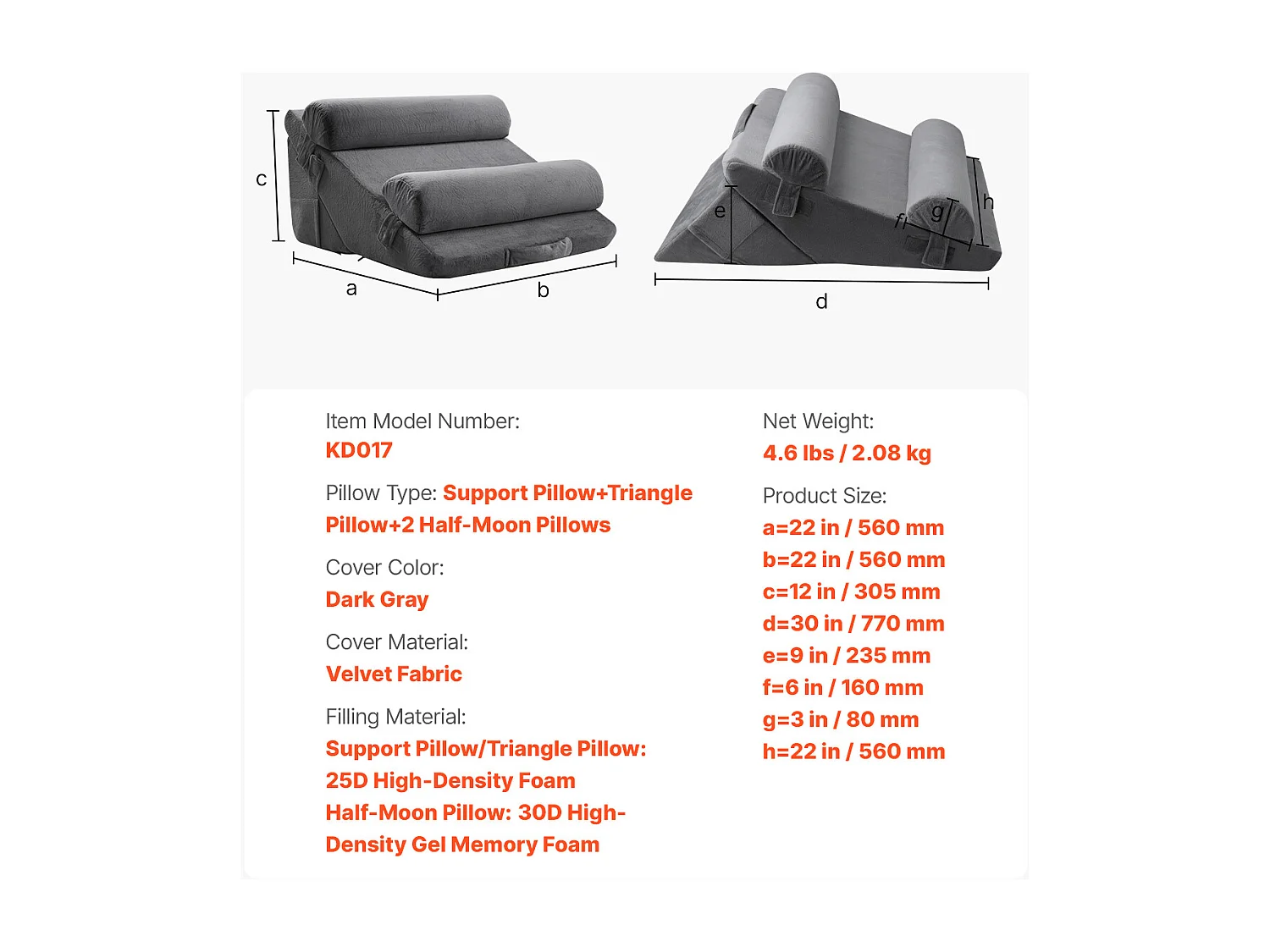 Coussin Incliné Lit SucceBuy, Oreiller Triangulaire Orthopédique Réglable, Mousse Rembourrée, Housse Lavable, Soutien Dos, Soulagement Reflux Acide, Gris Foncé