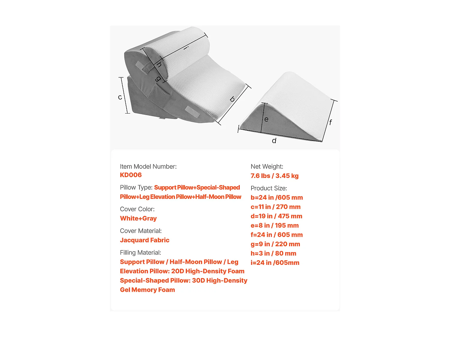 Inkliniertes Bettkissen SucceBuy, Reguliertes Orthopädisches Dreiecks-Kissen, Schaumgefüllt, Waschbare Hülle, Rückenstütze, Linderung bei SäureReflux, Weiß/Grau